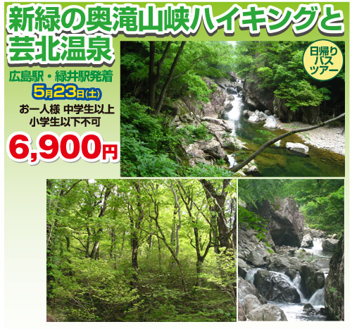 新緑の奥滝山峡ハイキングと芸北温泉